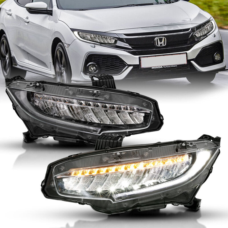 ANZO 16-17 Honda Civic Projector Headlights Plank Style Black w/Amber/Sequential Turn Signal