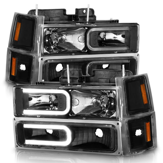 ANZO 88-98 Chevrolet C1500 Crystal Headlights w/ Light Bar Black Housing w/ Signal Side Markers 8Pcs