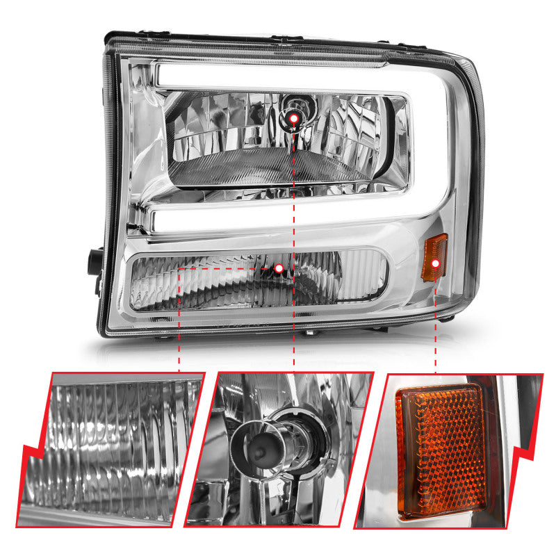 ANZO 99-04 Ford F250/F350/F450/Excursion (excl. 99) Crystal Headlights - w/ Light Bar Chrome Housing