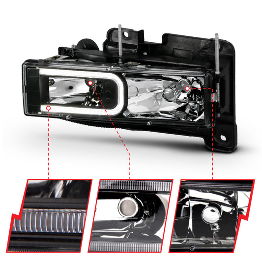 ANZO 1999-2000 Cadillac Escalade Crystal Headlights Light Bar Black Housing (Pair)