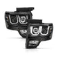 ANZO 2009-2014 Ford F-150 Projector Headlights w/ U-Bar Switchback Black w/ Amber