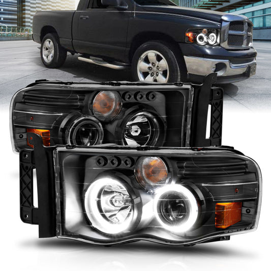 ANZO 2002-2005 Dodge Ram 1500 Projector Headlights w/ Halo Black Clear Amber