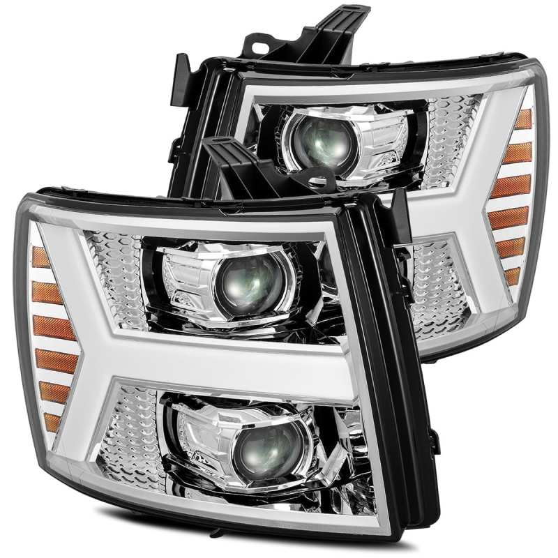 AlphaRex 07-13 Chevy 1500 LUXX LED Proj Headlights Plank Design Chrome w/ Activ Light/Seq Signal/DRL