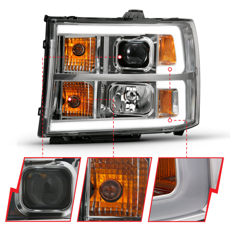 ANZO 2007-2013 Gmc Sierra 1500 Projector Headlight Plank Style Chrome w/ Clear Lens Amber