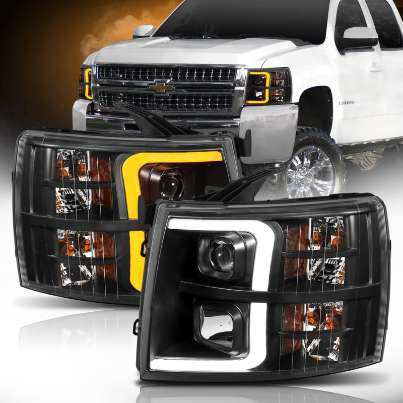 ANZO 07-13 Chevrolet Silverado 1500 Plank Style Projector Headlights Black w/ Amber